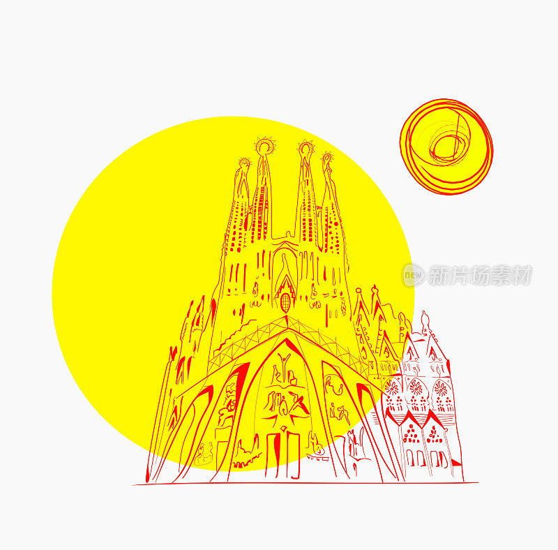 巴塞罗那著名的圣家族大教堂呈线性风格，有着大大的黄色太阳