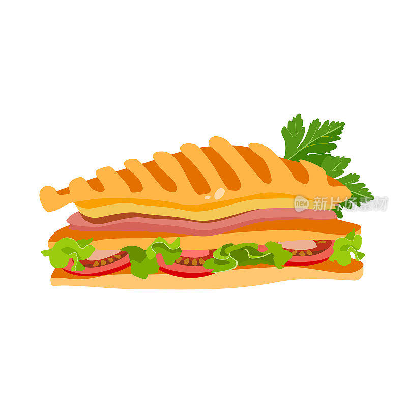 经典酒店早餐的三明治图标。烤面包加奶酪和熏肉。早午餐健康的开始一天选择食物。矢量插图。