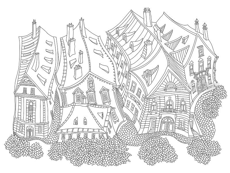 向量黑白轮廓勾勒出奇幻景观、童话小镇中世纪建筑。T恤打印。成人涂色书页，旅游手册