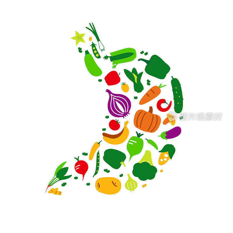 蔬菜和水果图标设置在胃形状，矢量插图