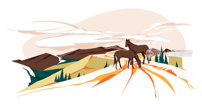 野马在山路上吃草。秋天的风景。彩色平面矢量插图