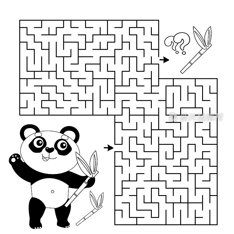 迷宫或迷宫游戏。谜题。竹枝卡通小熊猫涂色画页轮廓。儿童涂色本。