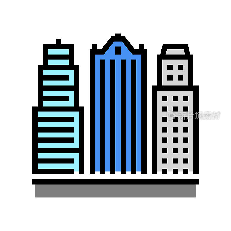 摩天大楼商业中心建筑颜色图标矢量插图