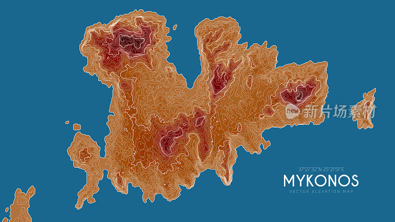 希腊米科诺斯岛地形图。矢量详细高程地图的岛屿。地理优美的景观轮廓海报。