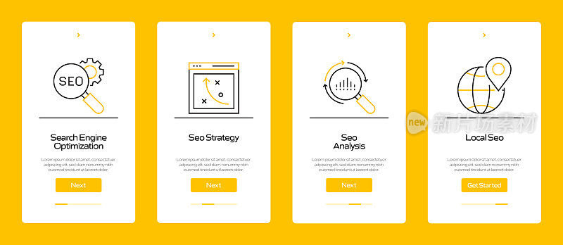 搜索引擎优化概念Onboarding移动应用程序页面屏幕与平面图标。用户体验，UI设计模板矢量插图