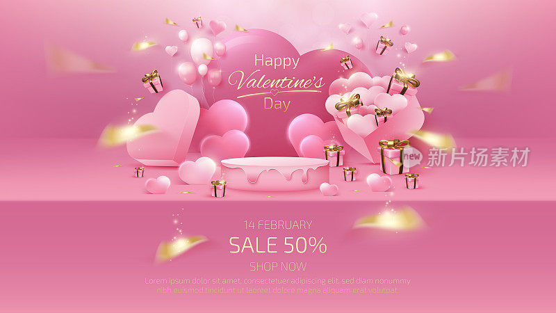 情人节背景和销售横幅模板与现实的3d粉红色货架和礼盒元素，丝带，气球心形形状与闪光灯光效果和散景。