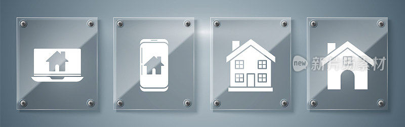 设置房子，家庭符号，智能家居手机和笔记本电脑和智能家居。方形玻璃面板。向量