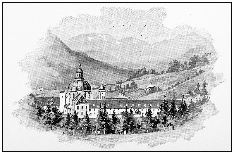 德国巴伐利亚州奥伯拉默高的古董旅行照片:艾塔尔修道院或艾塔尔修道院
