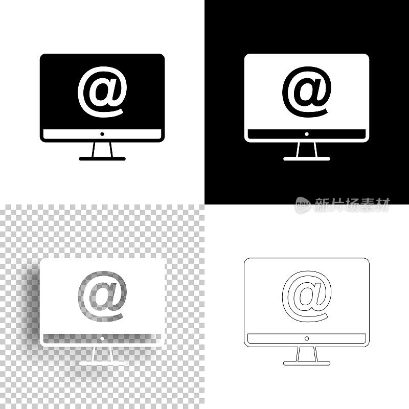 台式电脑带有At符号。图标设计。空白，白色和黑色背景-线图标