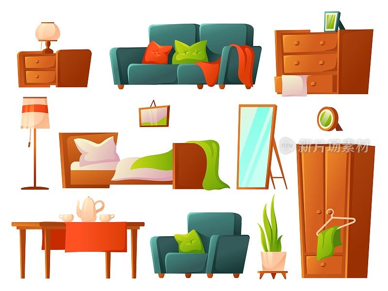卡通家具。床上,沙发家具。舒适的房间元素，孤立的沙发，扶手椅，桌子。灯具和衣柜，公寓装饰，整洁的向量集