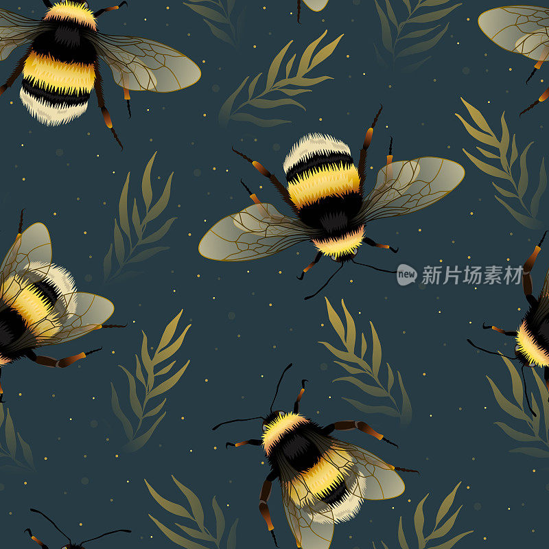 无缝向量重复绿色图案与大黄蜂和树叶。
