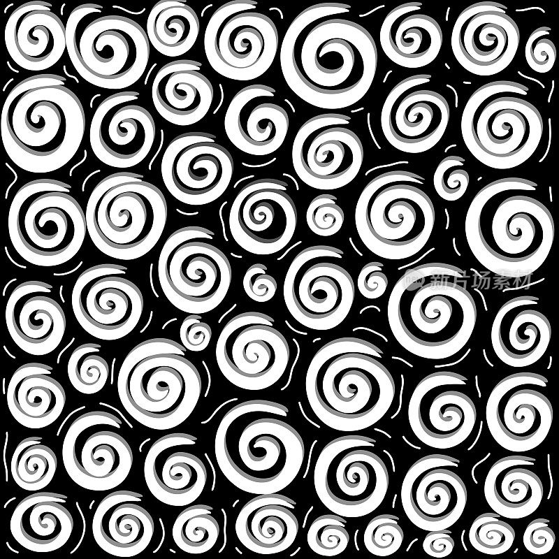 几何无缝图案的白色螺旋在黑色背景