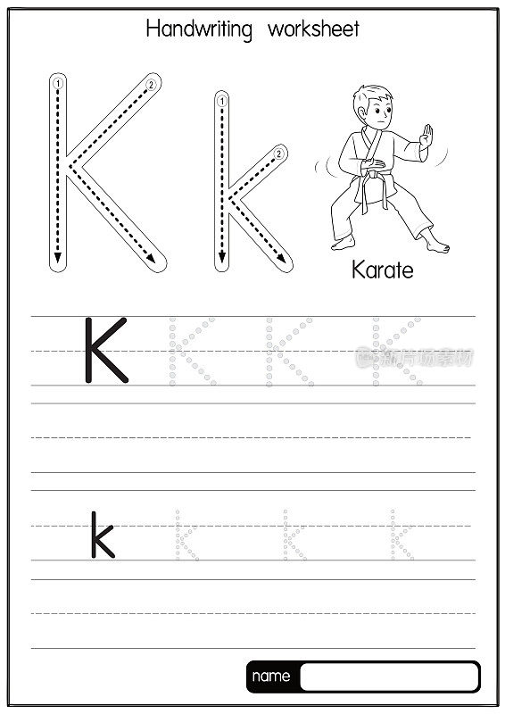 矢量说明空手道与字母K大写字母或大写字母的儿童学习练习ABC