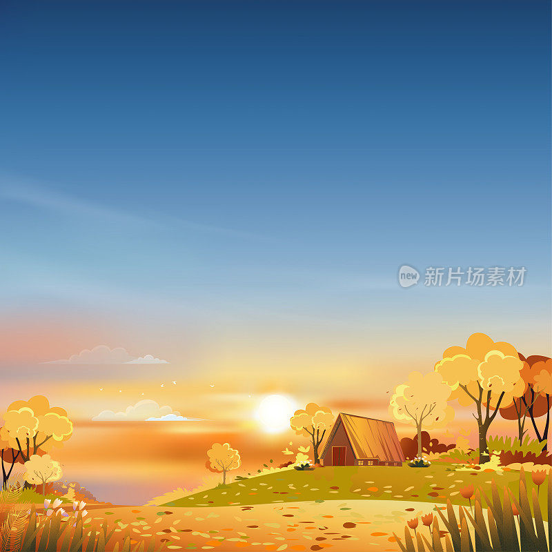 秋天的乡村景观日落与橙色和蓝色的天空背景，矢量动画的背景自然在秋天的季节与日出，农场在乡村的农舍在山上的森林树