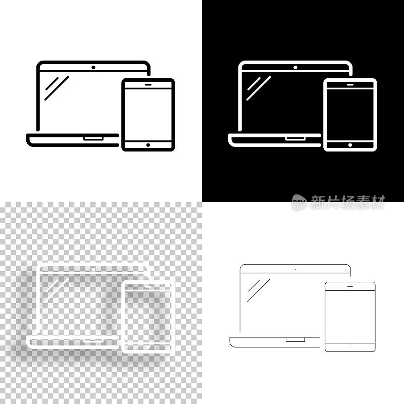 笔记本电脑和平板电脑。图标设计。空白，白色和黑色背景-线图标