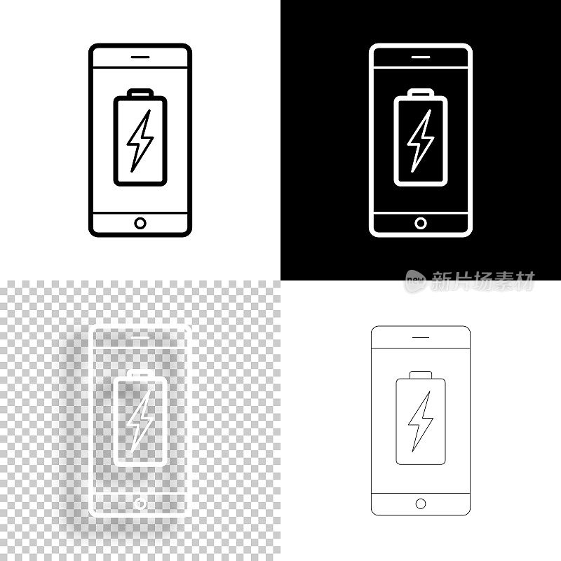 带有电池充电符号的智能手机。图标设计。空白，白色和黑色背景-线图标