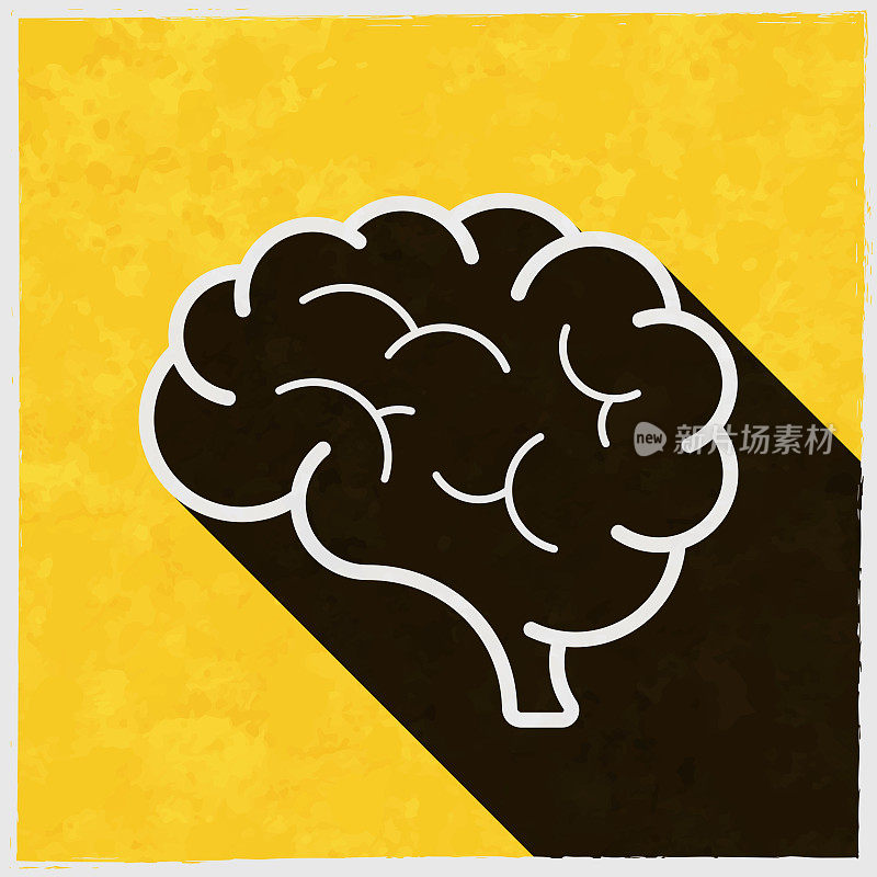 大脑。图标与长阴影的纹理黄色背景