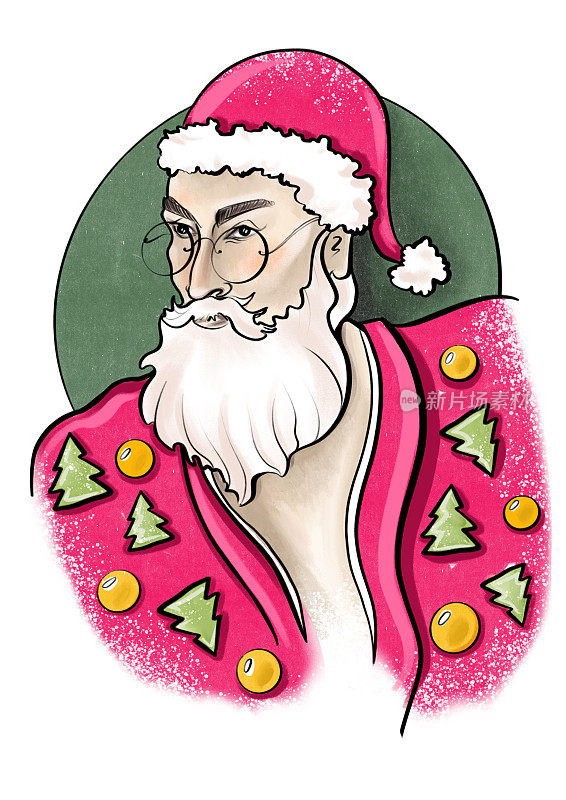 时尚插画颜色节日时尚轮廓素描一个胡子男人在红色西装和眼镜圣诞老人在侧面特写理发店的设计元素