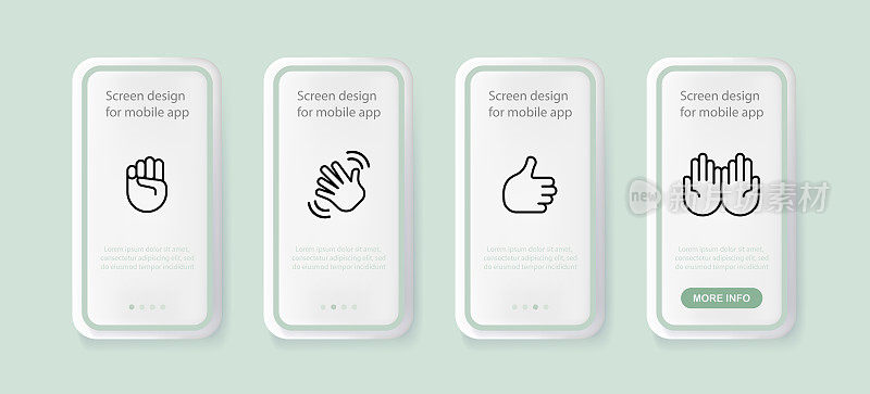 手势设置图标。握拳，挥挥手，坚持住，拍拍手。非言语交际的概念。UI手机应用程序屏幕。矢量线图标的业务和广告