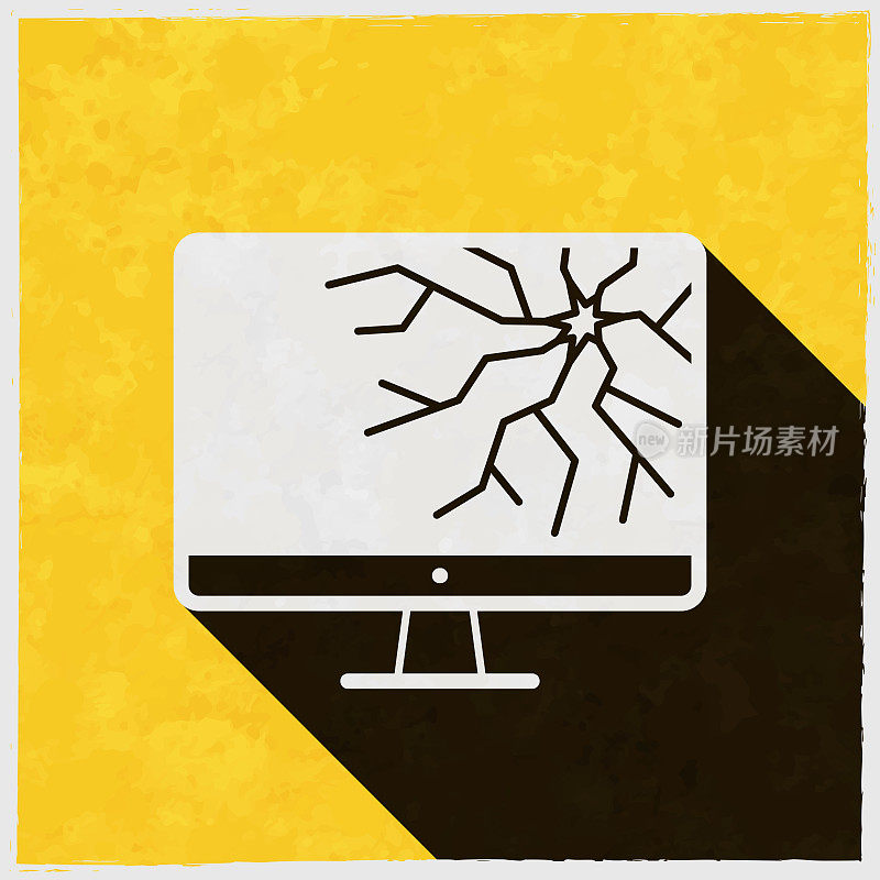 桌面电脑坏屏。图标与长阴影的纹理黄色背景