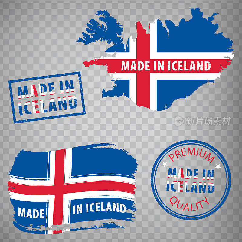 冰岛制造的橡皮图章图标孤立在透明背景上。冰岛制造或生产的冰岛的地图。一套蹩脚的橡皮图章。EPS10。