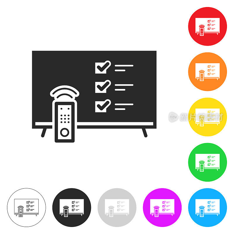 电视与清单。彩色按钮上的图标