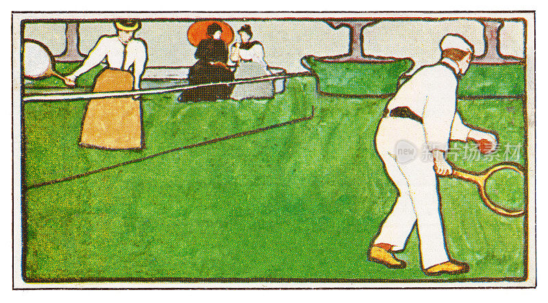 人们在草地上打网球，这是1898年的新插图