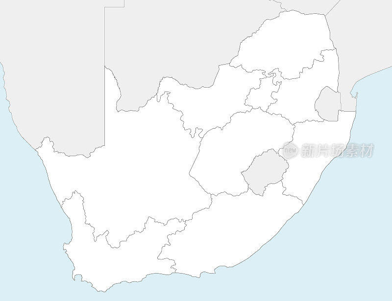 矢量空白地图的南非各省和行政区划，和邻国。可编辑和明确标记层。