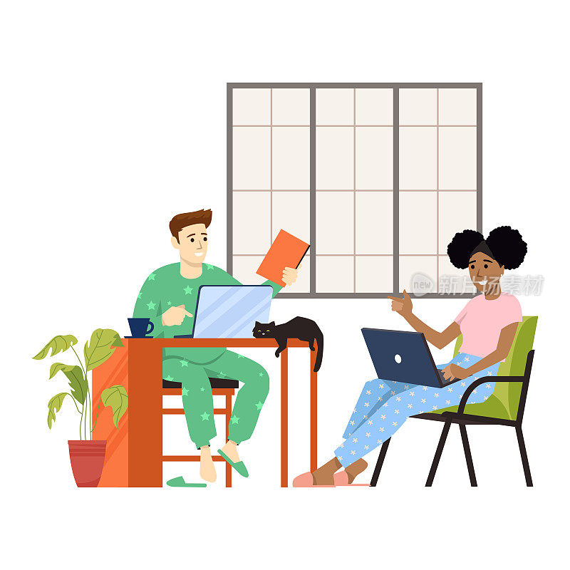 女人和男人在家坐在桌子和沙发上工作。夫妻有很多工作要做。在她的办公桌上用笔记本电脑工作，测试ui和ux。学生在家学习的矢量插图。