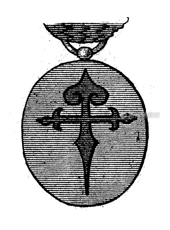 古董雕刻插图，文明:徽章徽章的西班牙骑士团圣地亚哥
