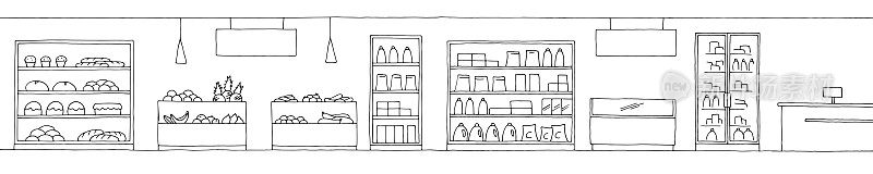杂货店商店内部黑白图形素描长插图矢量