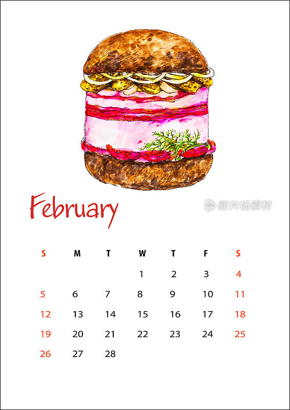 2023年2月日历单，多汁乌克兰汉堡与培根，腌黄瓜，洋葱，西红柿和蒜瓣黑麦面包水彩插图孤立在白色背景，a4