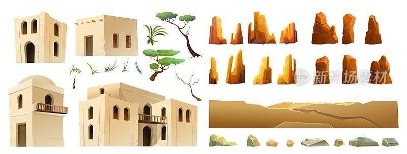 阿拉伯粘土小屋。一组物体和岩石。中东土坯民居。非洲和亚洲的传统住宅。孤立在白色背景上的Vector。