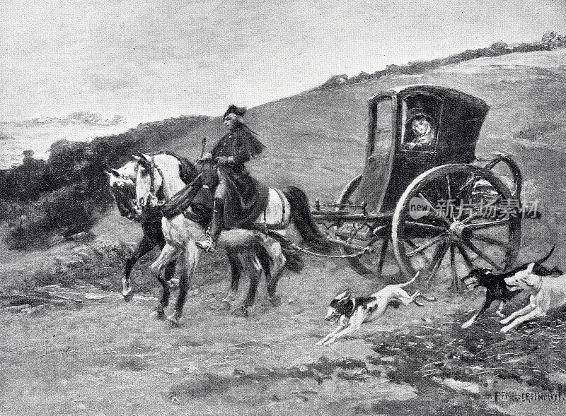 一对夫妇乘马车带着狗旅行