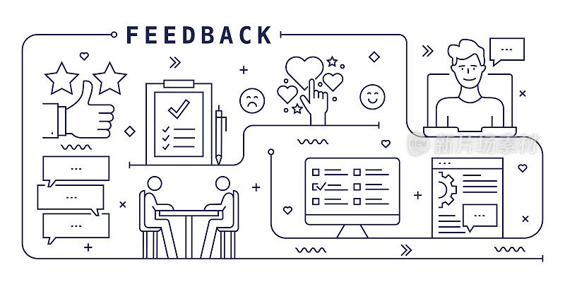 反馈向量设计。设计是可编辑的,颜色可以改变。创意图标的向量集:奖状,调查,评论,意见,反馈,满意度