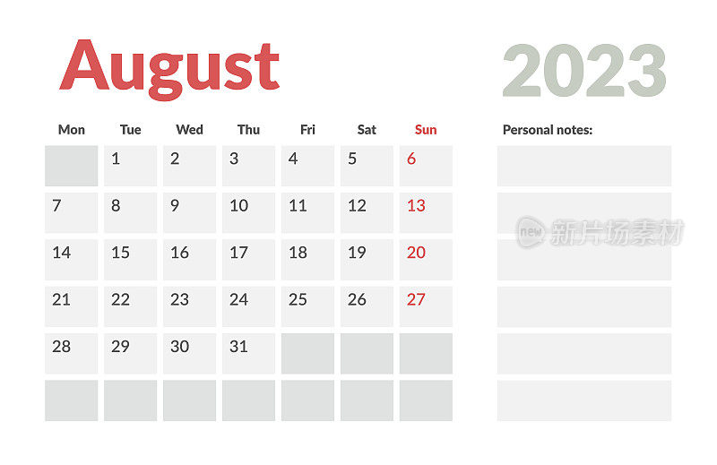 2023年8月日历模板，有注释的地方。矢量布局简单的日历与周开始周一。