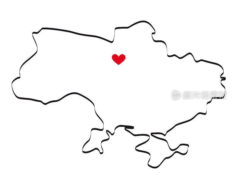 极简主义绘制的乌克兰地图，在基辅的地方有一个红色的心。
