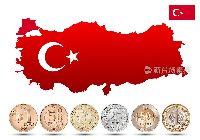 一套硬币，土耳其货币与土耳其地图。土耳其国旗。