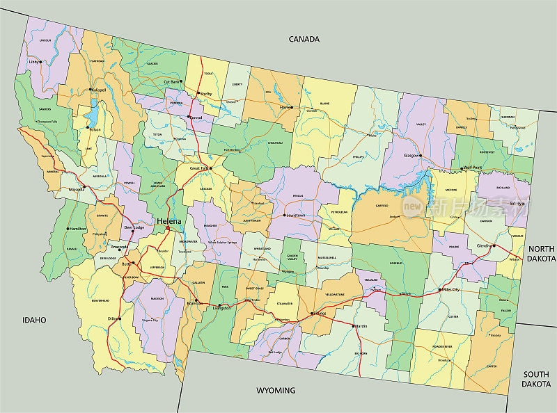 蒙大拿州-高度详细的可编辑的政治地图与标签。