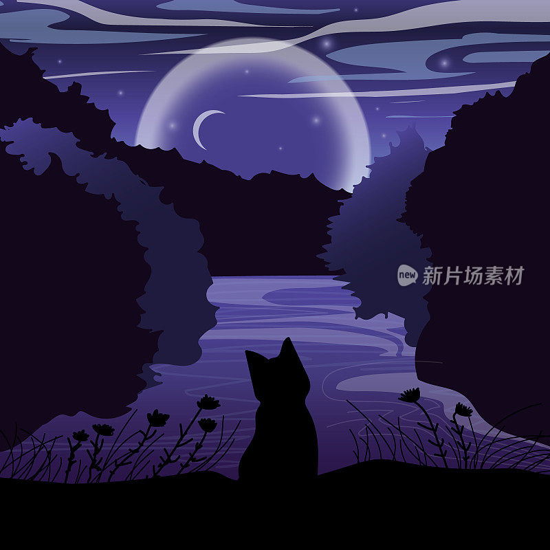 晚上在湖边和一只猫一起看风景。矢量插图。