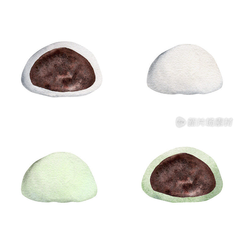 水彩手绘的日本传统糖果。夏天和，麻糬，大福，桃子。孤立在白色背景上。设计邀请函，餐厅菜单，贺卡，印刷，纺织