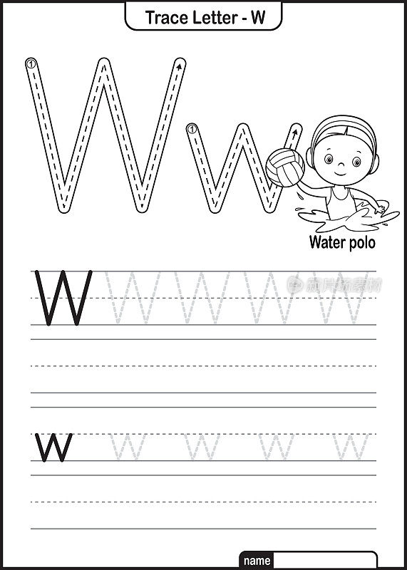 字母痕迹字母A到Z学龄前工作表与字母W水球亲矢量