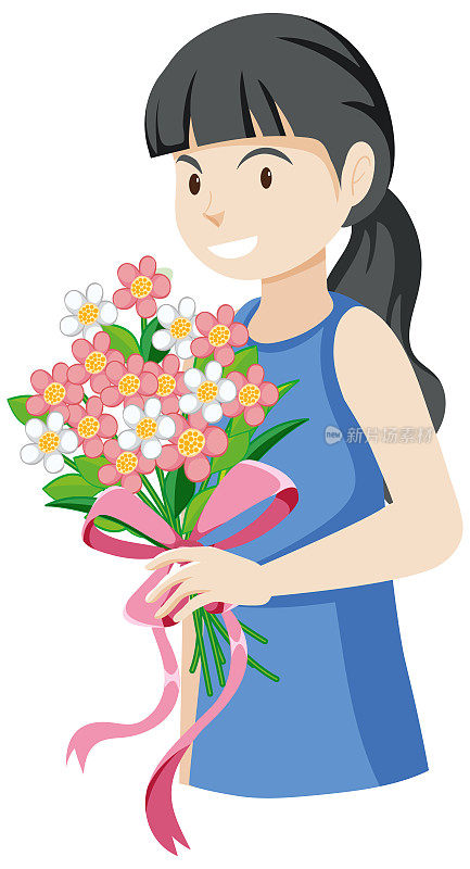 黑头发女孩捧着一束花