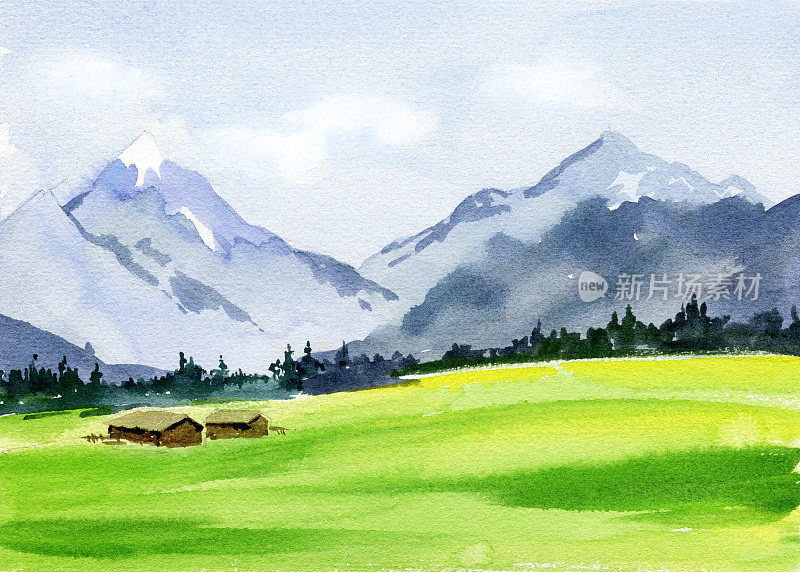 水彩画高山景观，夏日田野与高山，蓝天白云，手绘素描，插图