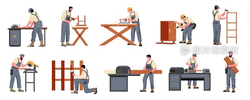 木匠与家具。人与木材设备工作锯与木材材料，木工木工手工概念。矢量卡通套装