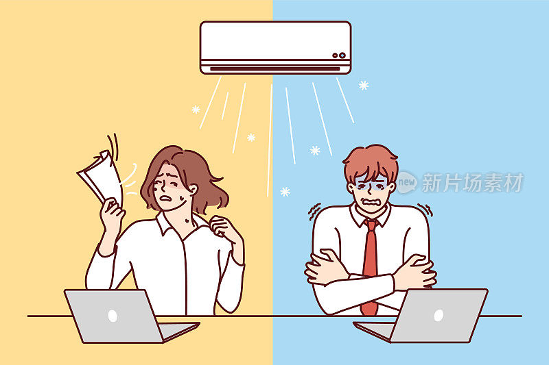 男人和女人坐在空调下的办公桌旁会感到不适
