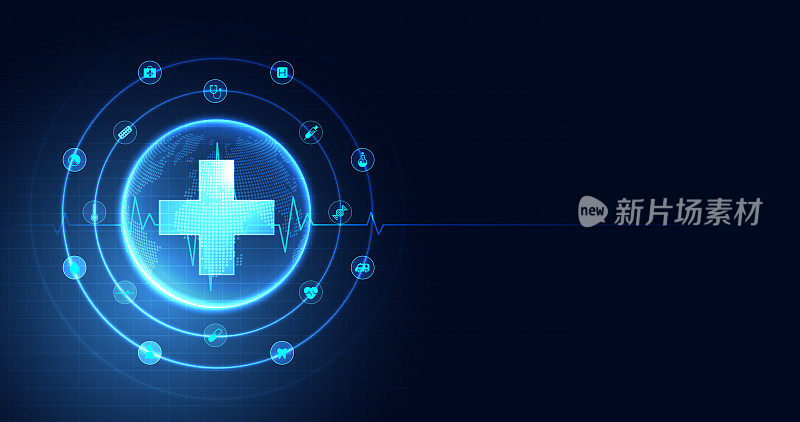 医疗保健医学科学医疗保健图标数字技术世界概念现代商业创新，治疗，医药。关于高科技未来蓝色背景与医学研究的摘要。向量。
