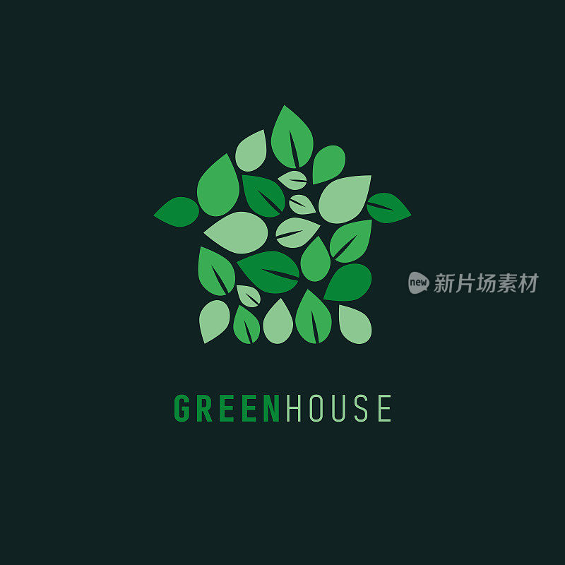 绿色的房子。植物温室标志设计。自然温室。生态住宅概念