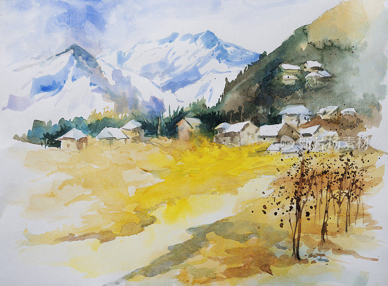 漂亮的水彩画的房子与山的背景。，黄色的田野里有美丽的风景。手绘水彩插图。