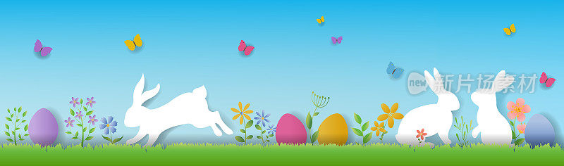 复活节快乐，有花和兔子，有蓝天